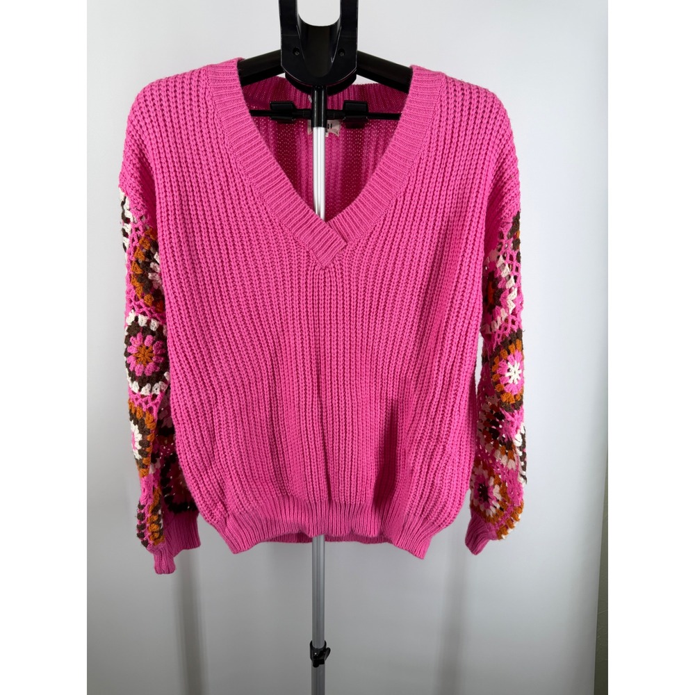 BiBi Pink Crochet Granny Square Sleeve V-Neck Chunky Knit Sweater S